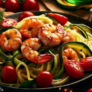 Photorealistic Zucchini noodles with grilled shrimp and cherry tomatoes in garlic butter sauce.