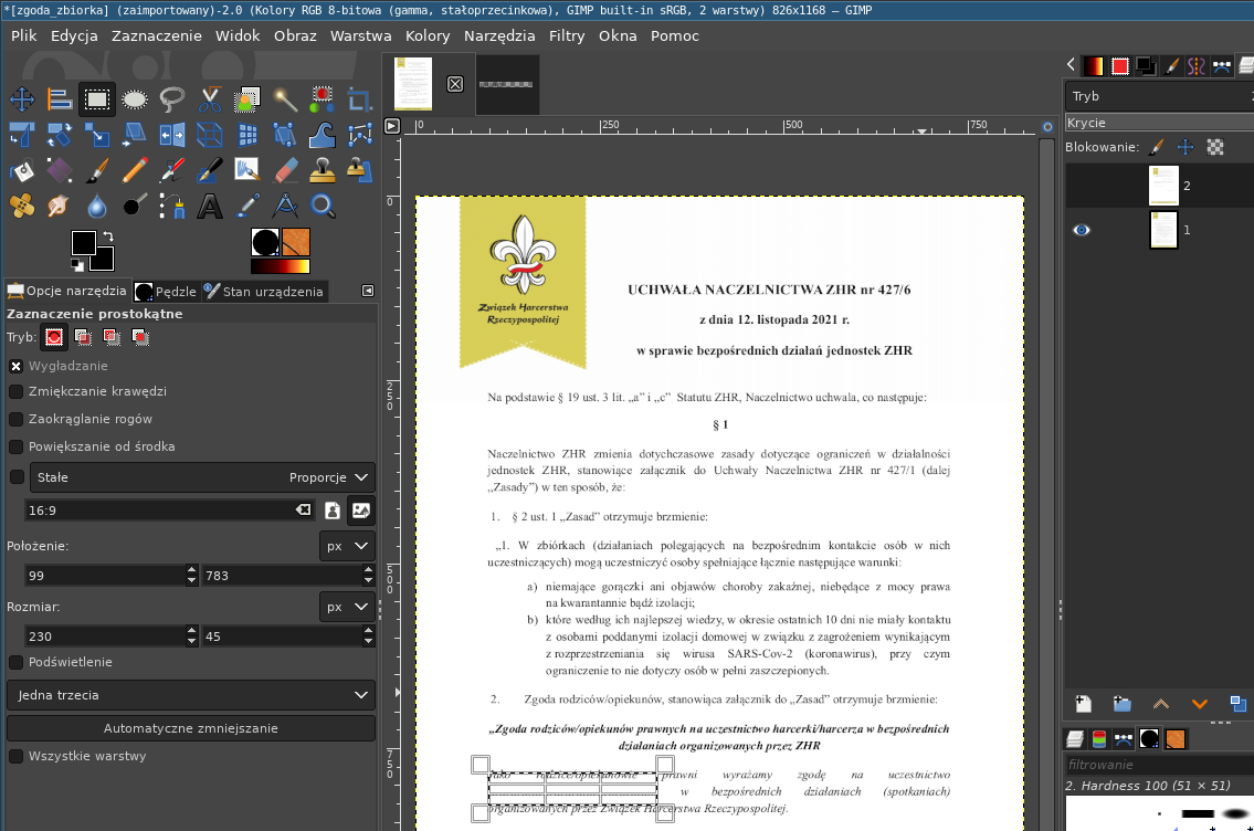 Okno programu Gimp z narzędziem zaznaczenia prostokątnego na dokumencie pdf